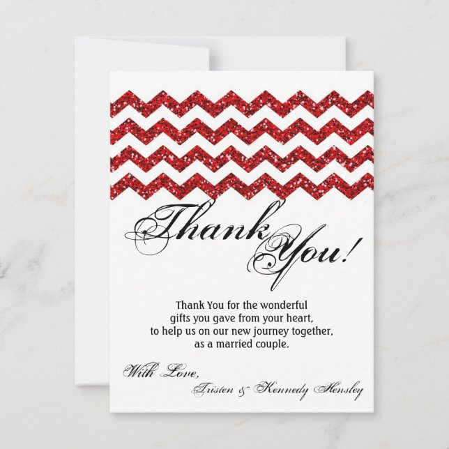 4x5 FLAT Thank You Card Red Glitter Chevron Stripe (Front)