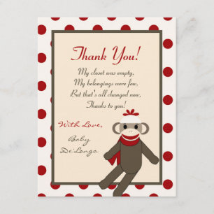 4x5 FLAT Thank you Card Red Sock Monkey