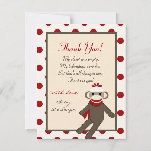 4x5 FLAT Thank you Card Red Sock Monkey