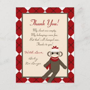4x5 FLAT Thank you Card Red Sock Monkey Argyle