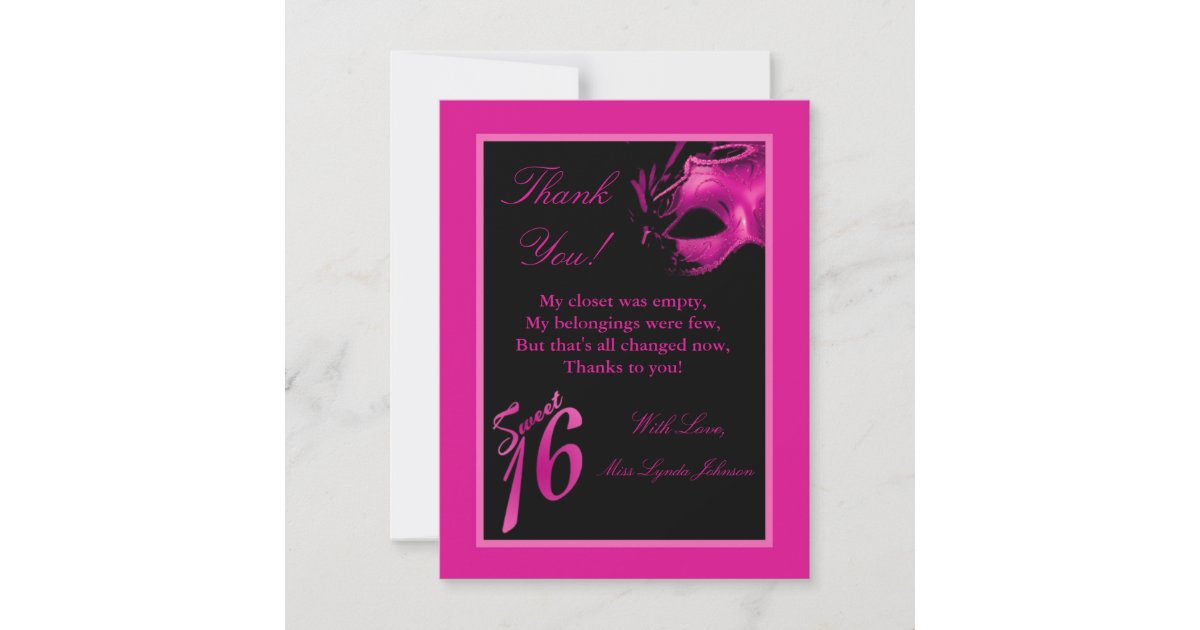 4x5 FLAT Thank you Card Sweet 16 Pink Black Party Zazzle