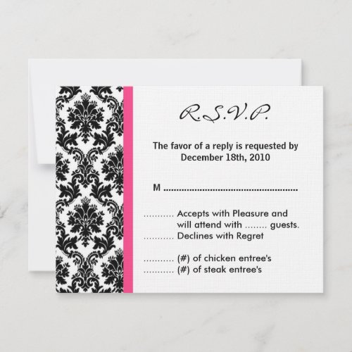 4x5 R.S.V.P. Reply Card - Black Damask Hot Pink