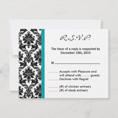 4x5 R.S.V.P. Reply Card - Black Damask Teal RSVP