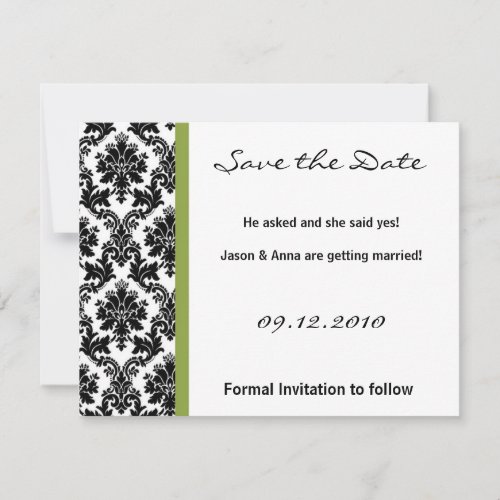 4x5 Save the Date Card - Black Damask &amp; Green