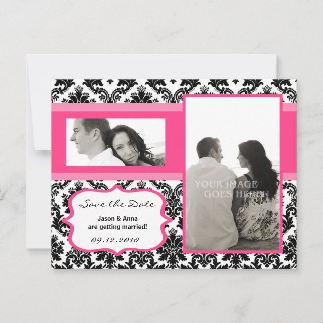 4x5 Save the Date Card - Black Damask & Hot Pink (Front)