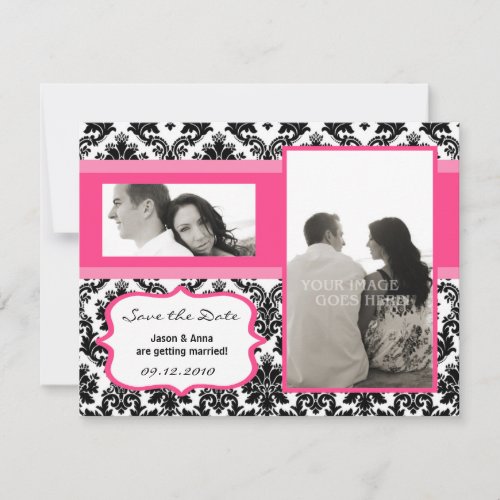 4x5 Save the Date Card - Black Damask &amp; Hot Pink