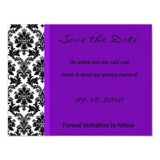 4x5 Save the Date Card - Black Damask & Purple