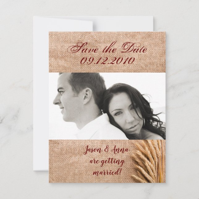 4x5 Save the Date Card Wheat on Burlap Sack Countr (Front)
