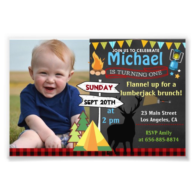 4x6 Camping First birthday photo invitation deer (Front)