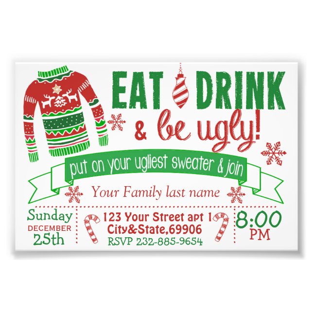 4x6 Christmas Party invitation card ugly sweater Photo Print (Front)