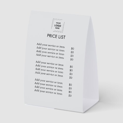 4x6 Price List Table Tent Paper Sign