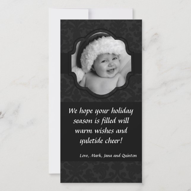 4x8 Black Damask Ribbon Frame PHOTO Christmas Card (Front)