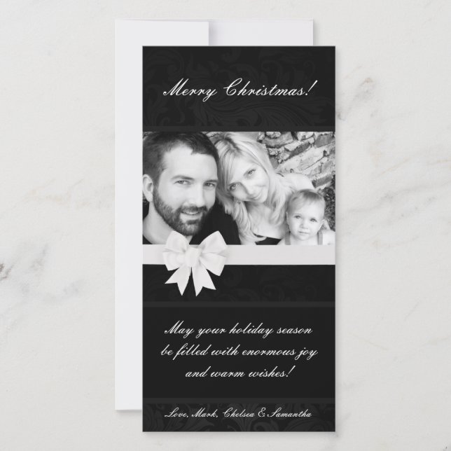 4x8 Black Floral Bow Ribbo PHOTO Christmas Card (Front)