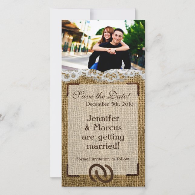 4x8 Engagement Announcement Horse Shoes on Burlap (Front)