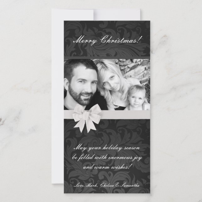 4x8 Gray Gre Floral Bow Ribbo PHOTO Christmas Card (Front)