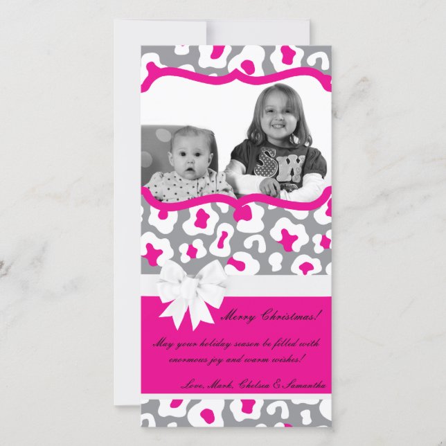 4x8 Gray Pink Cheetah PHOTO Christmas Card (Front)
