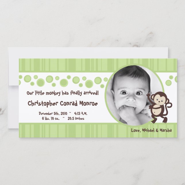 4x8 Green Pop Monkey Neut Photo Birth Announcement (Front)