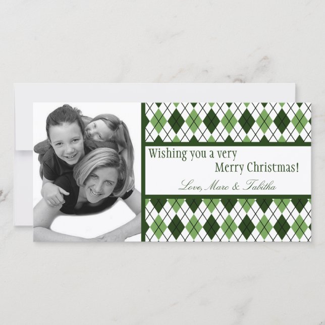 4x8 Green White Argyle Frame PHOTO Christmas Card (Front)