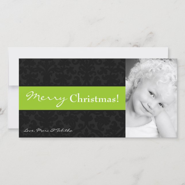 4x8 Lime Black Damask Frame PHOTO Christmas Card (Front)