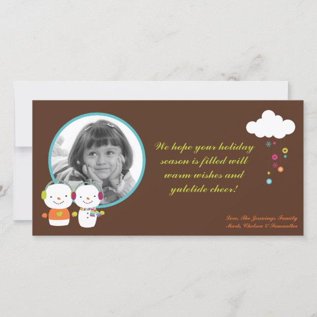 4x8 Modern Snowman Snow Flake PHOTO Christmas Card (Front)