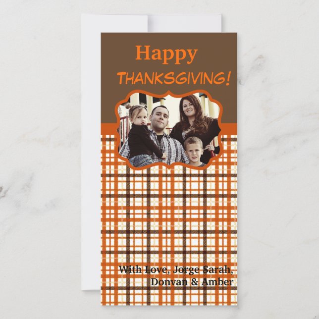 4x8 Orange & Brown Plaid PHOTO Thanksgiving Card (Front)