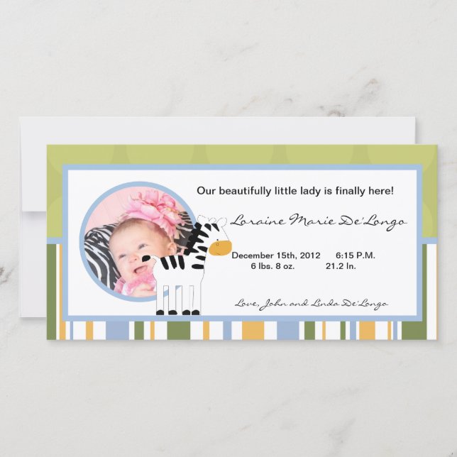 4x8 Photo Birth Announcement Safari Friends Zebra (Front)