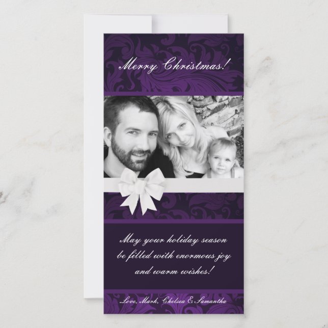 4x8 Purple Floral Bow Ribbo PHOTO Christmas Card (Front)
