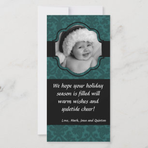 4x8 Teal Damask Ribbon Frame PHOTO Christmas Card