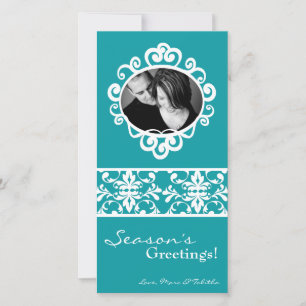 4x8 Teal White Damask Frame PHOTO Christmas Card