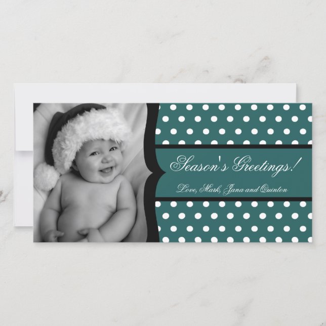 4x8 Teal White Polka Frame PHOTO Christmas Card (Front)
