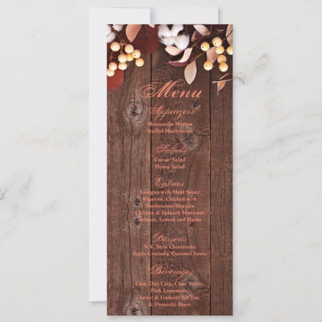 4x9.25 Menu Cards Cotton Branch on Dark Wood Stem (Front)