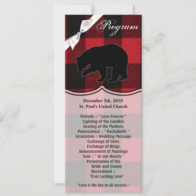 4x9.25 Program Cards Red Buffalo Plaid Bear Black (Front)