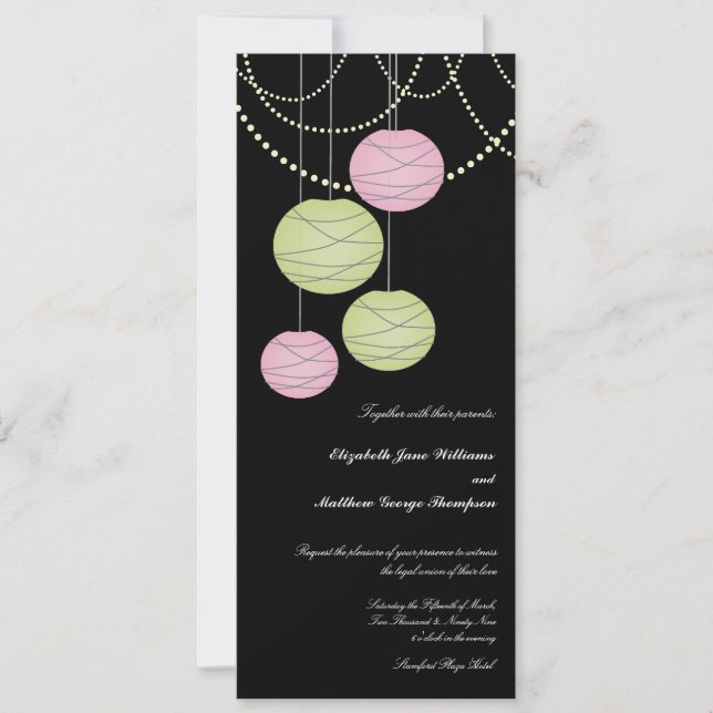 4x9 Long Wedding Pink Green Paper Lanterns Invite (Front)