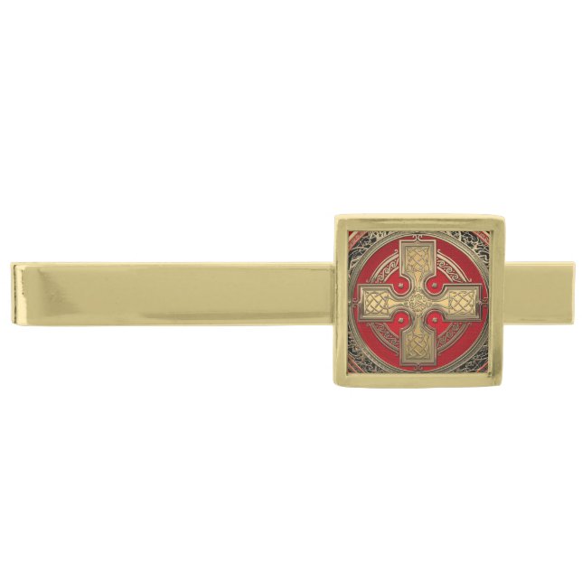 [500] Ancient Celtic Sacred Gold Knot Cross Finish Tie Bar (Front)