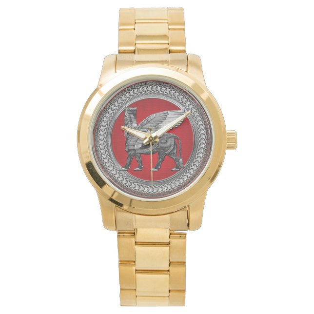 [500] Assyrian Winged Bull: Silver & Black Lamassu Watch (Front)