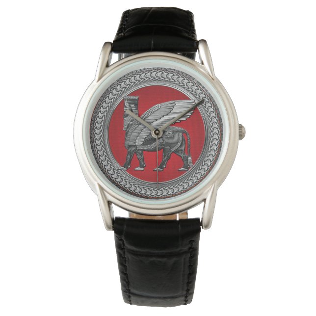 [500] Assyrian Winged Bull: Silver & Black Lamassu Watch (Front)