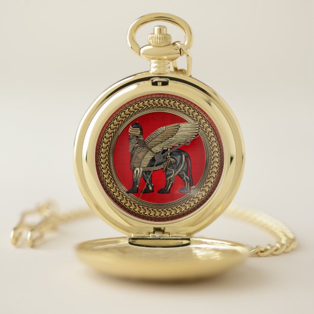 [500] Assyrian Winged Lion: Gold & Black Lamassu Pocket Watch (Inside)