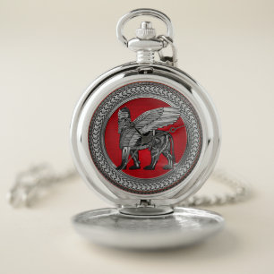 [500] Assyrian Winged Lion: Silver & Black Lamassu Pocket Watch