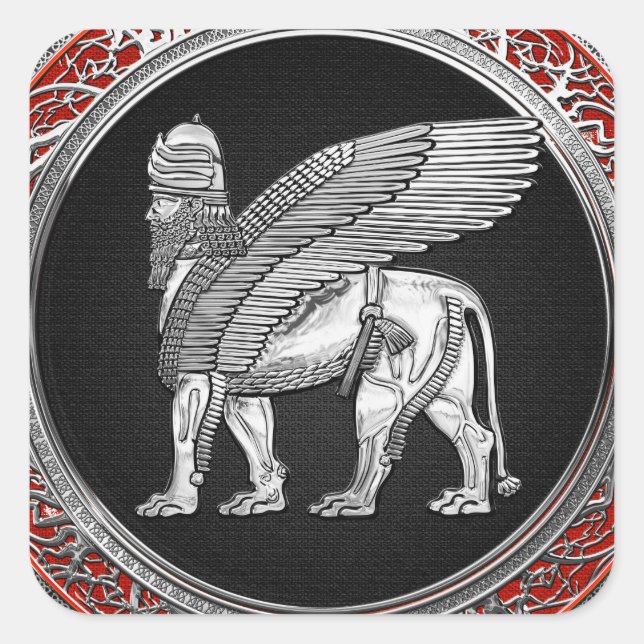 [500] Assyrian Winged Lion - Silver Lamassu Square Sticker (Front)