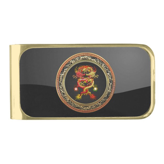 [500] Red and Yellow Dragons Gold Finish Money Clip (Front)