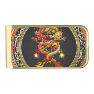 [500] Red and Yellow Dragons Gold Finish Money Clip