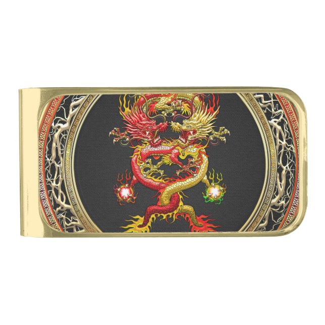 [500] Red and Yellow Dragons Gold Finish Money Clip (Front)