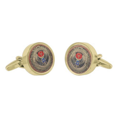 500 Sacred Gold Egyptian Winged Scarab with Ankh Cufflinks