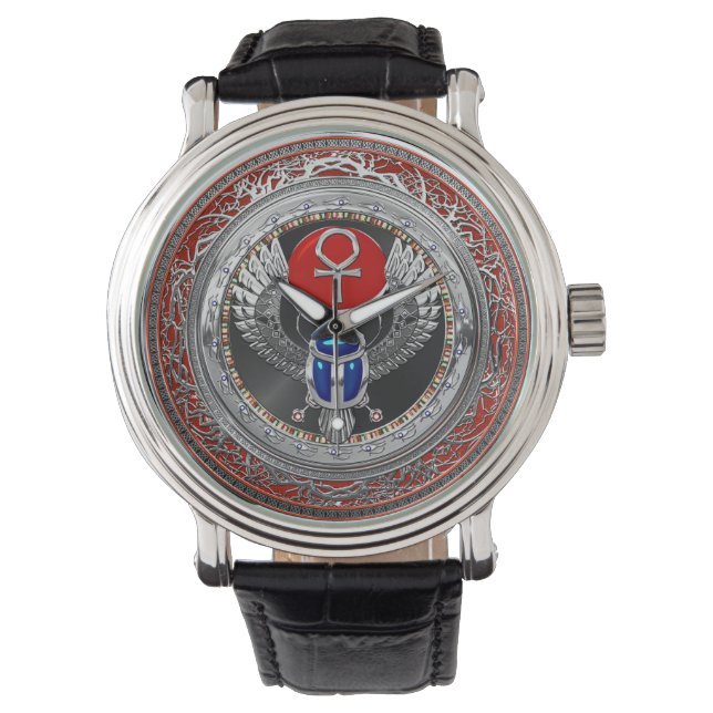 [500] Sacred Silver Egyptian Winged Scarab & Ankh Watch (Front)
