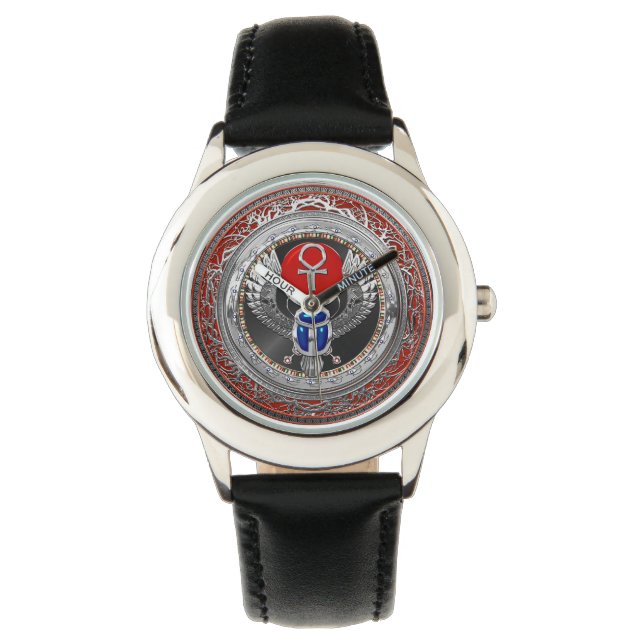 [500] Sacred Silver Egyptian Winged Scarab & Ankh Watch (Front)