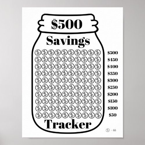 500 Savings Tracker Mason Jar Budget Goal Sheet Poster