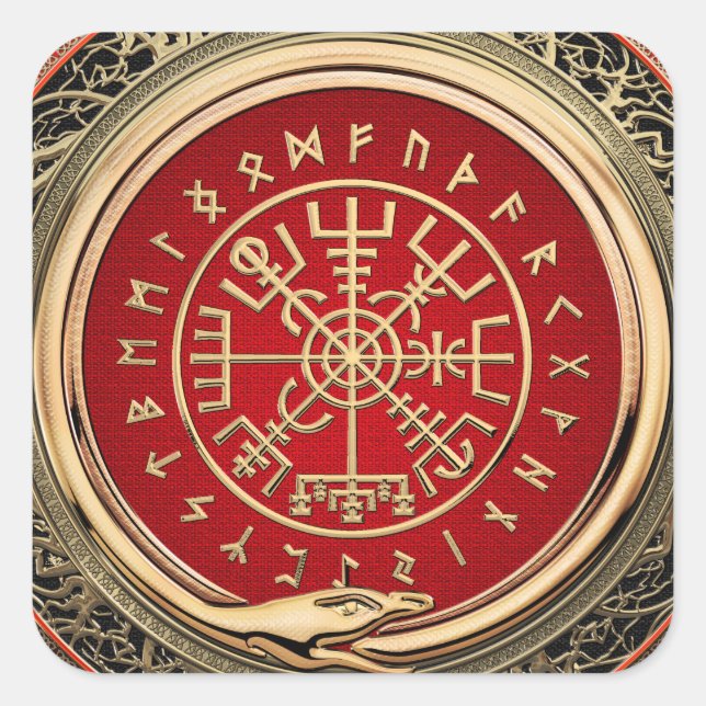 [500] Vegvisir - Viking Gold Magic Runic Compass Square Sticker (Front)