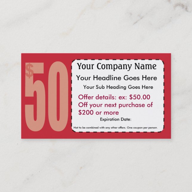$50.00 Off Coupon Business Card (Front)