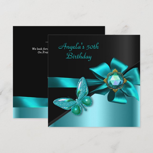 50 50th Birthday Party Teal Blue Butterfly Invitation (Front/Back)