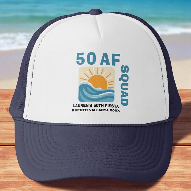 50 AF Crew Retro Sunset Beach Birthday Trucker Hat (Creator Uploaded)